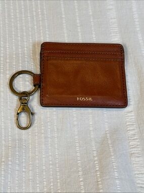 Fossil Genuine Leather Credit Card Holder Wallet Keyring Swivel Brass Fob